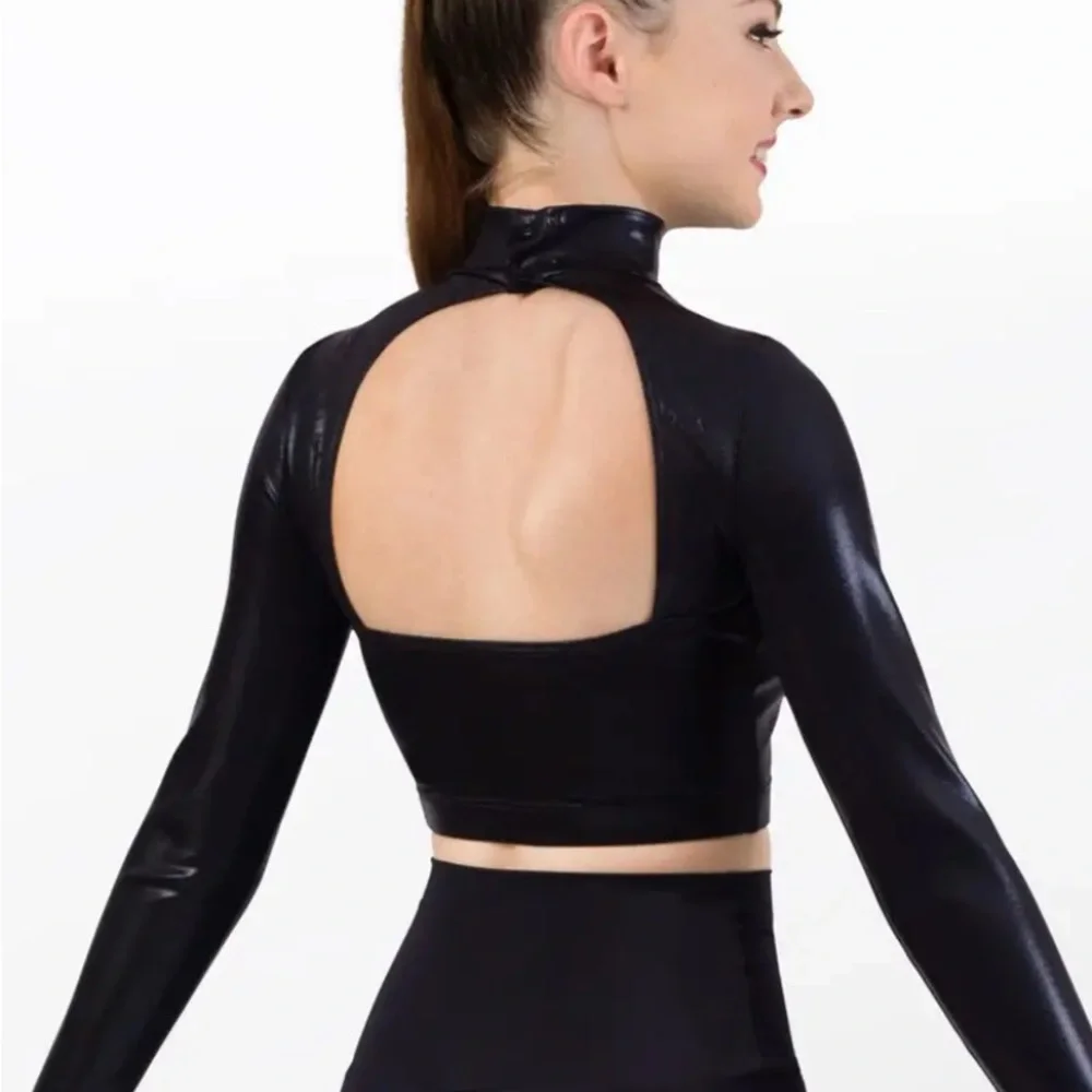 Balera Premium Metallic Long Sleeve Crop Top Black Mock Neck Open Back